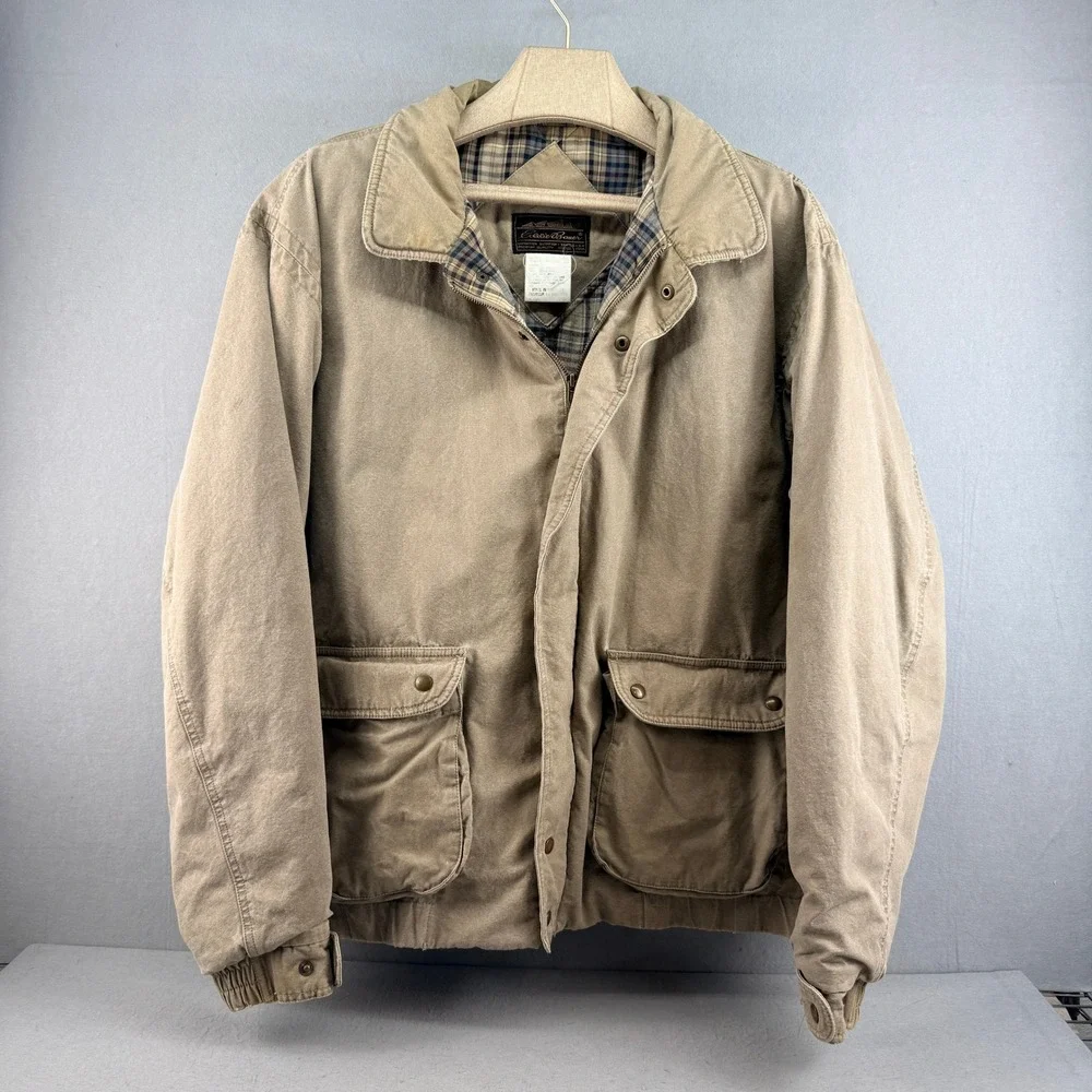 Eddie Bauer Mens XXL Tall Goose Down Bomber Jacket‎ Tan Cotton Plaid Lining Vtg
